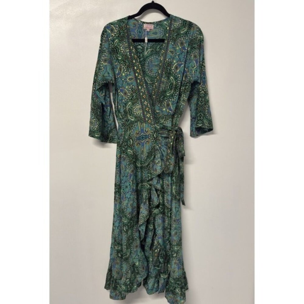 New Cienna Elsa Wrap Maxi Dress Silk Blend Bell Sleeve Green Gold Medium #44